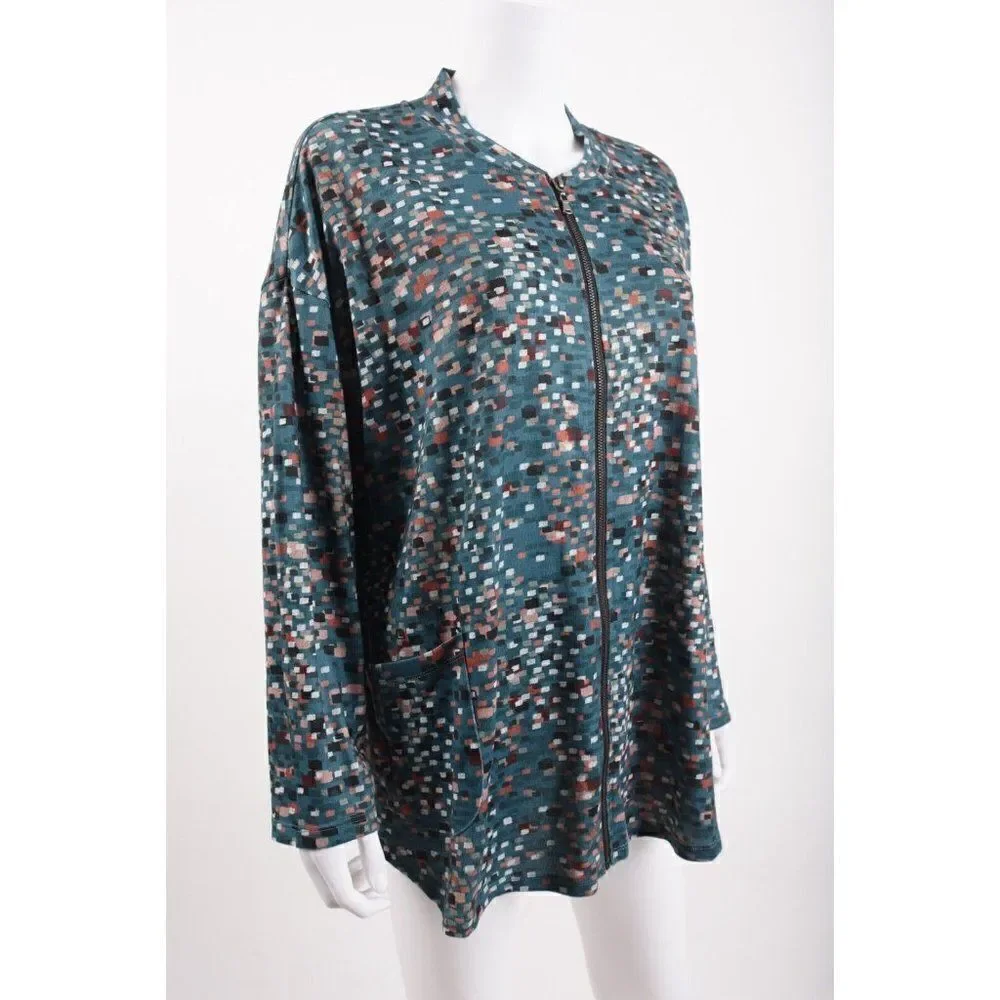 CJ Banks Womens Cardigan sweater 1X 16-18W Green Blue Multi-Color Zip-Up NWT